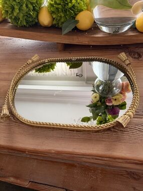 Vintage Large Oval Mirror Vanity Tray Gold Tone Metal Rope Tassels Velvet Bottom